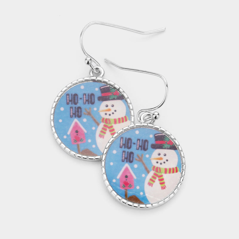 Pierced 1 1/2" silver and blue multi colored dangle circle snowman earrings