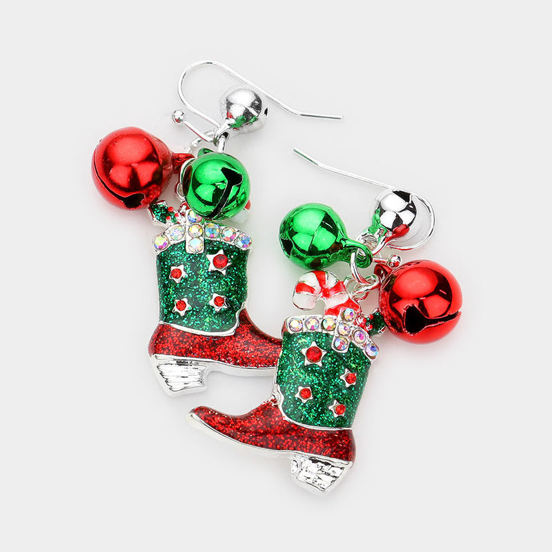 Western 1 3/4" pierced silver, glitter red and green Christmas boot earrings