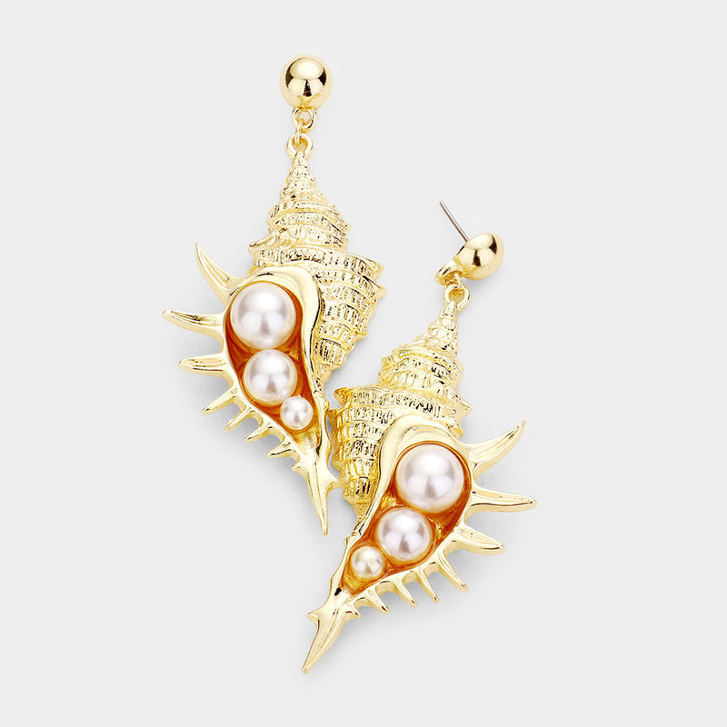 Pierced 3" gold dangle shell earrings w/cream pearls