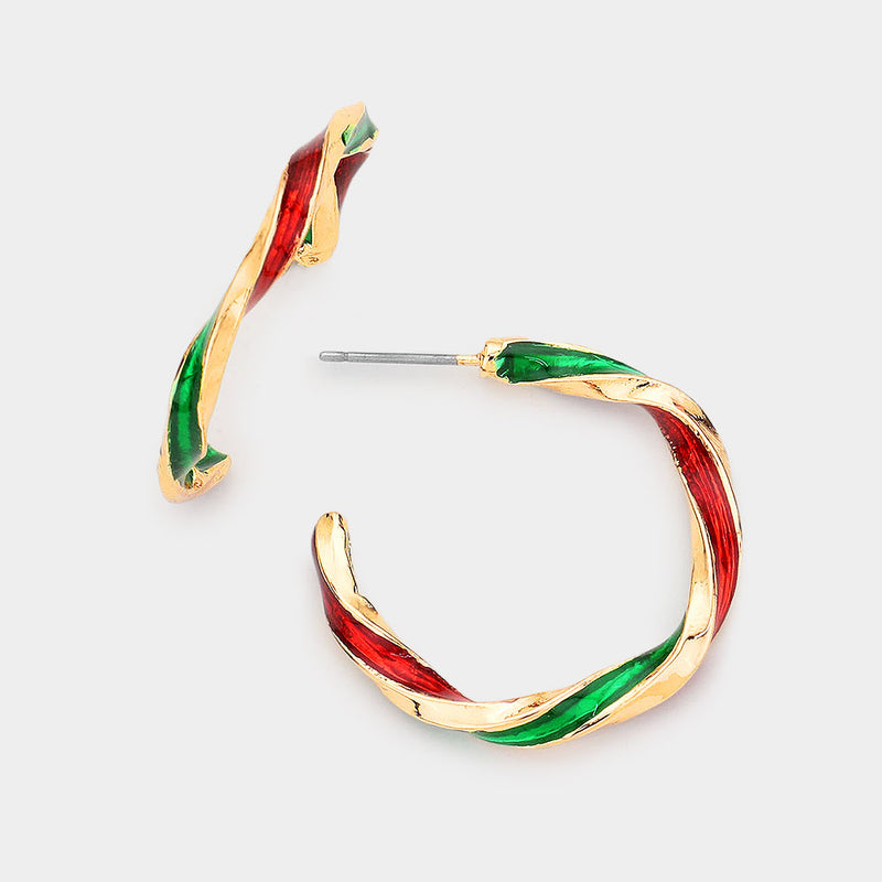 Pierced shiny gold, sparkle green and red stripe open back hoop earrings