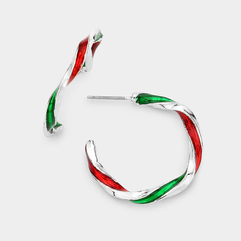 Pierced shiny silver, sparkle green and red stripe open back hoop earrings