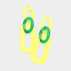 Pierced green and yellow large plastic chain earrings