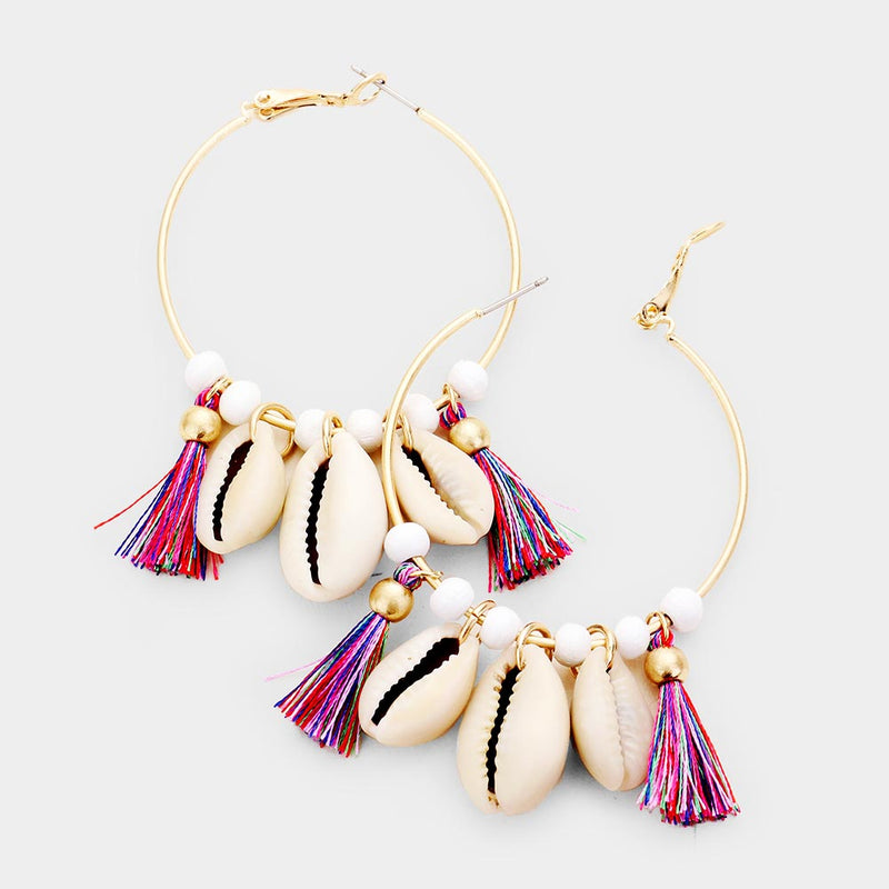 Pierced 1 3/4" gold hoop earrings w/shell and multi colored tassel
