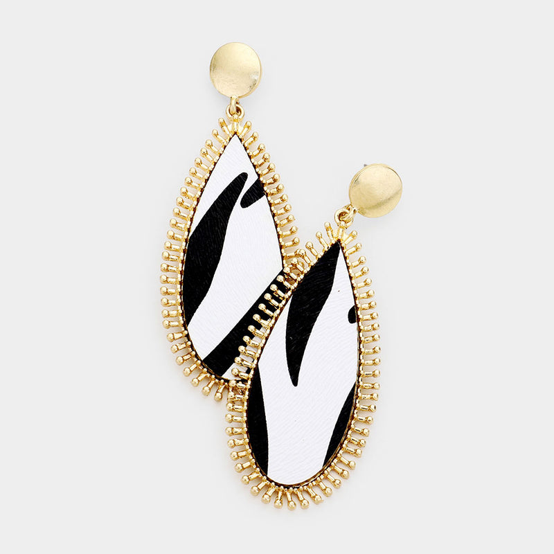 Pierced 3 1/2" gold, black and white zebra print long teardrop earrings