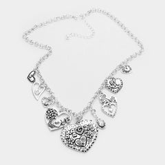 Pierced silver MOM heart love charm necklace set with clear stones
