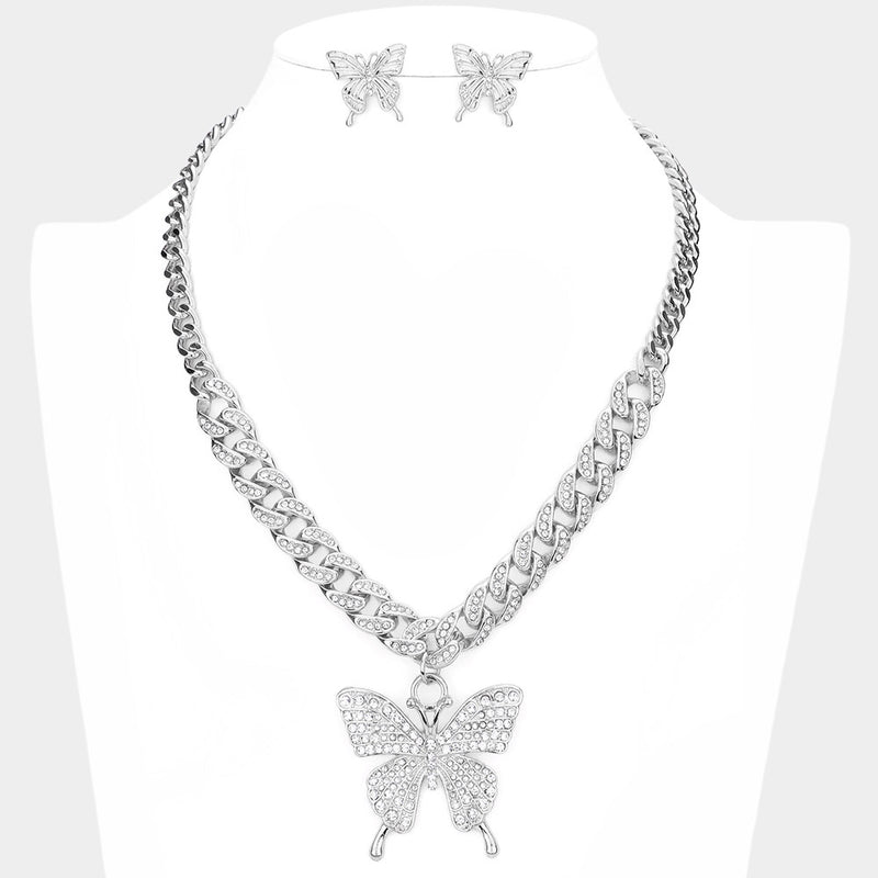 Trendy pierced silver clear stone chain butterfly necklace and earring set