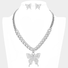 Trendy pierced silver clear stone chain butterfly necklace and earring set