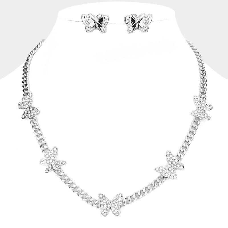 Pierced silver chain and clear stone butterfly necklace set