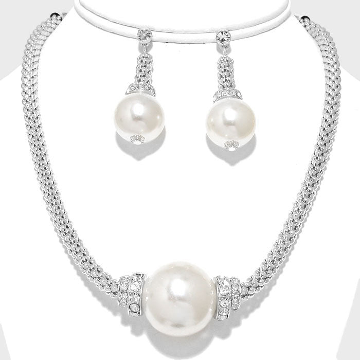 Pierced silver pipe chain dangle white pearl necklace set
