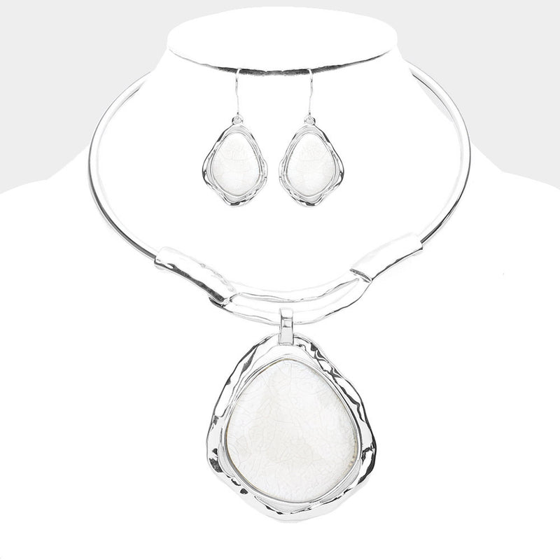 Pierced silver, white stone pendant necklace and earring set