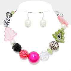 Pierced silver pearl multi colored Christmas Tree necklace and earring set