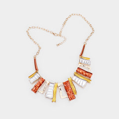 Trendy pierced silver, gold, orange square necklace and earring set
