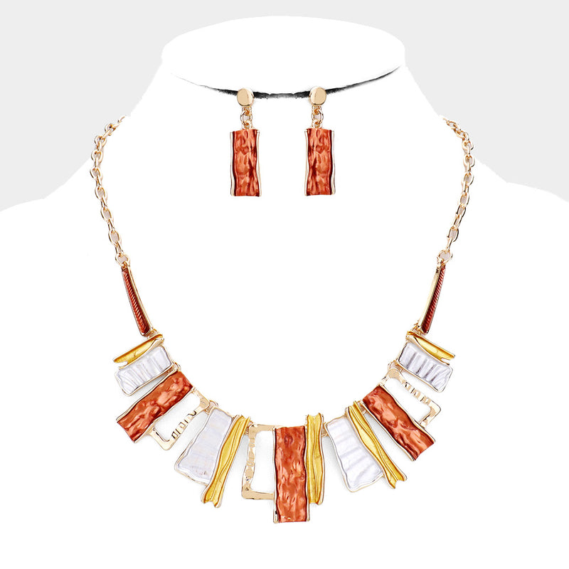 Trendy pierced silver, gold, orange square necklace and earring set