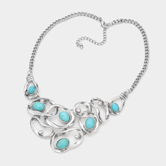 Pierced burnt silver wavy circle turquoise stone necklace set