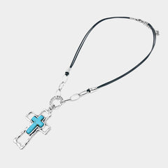 Western pierced silver black string silver and turquoise cross necklace set