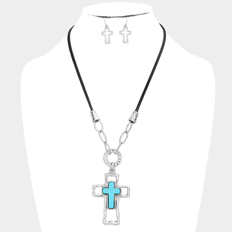 Western pierced silver black string silver and turquoise cross necklace set