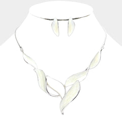 Pierced silver and white leaf necklace and earring set