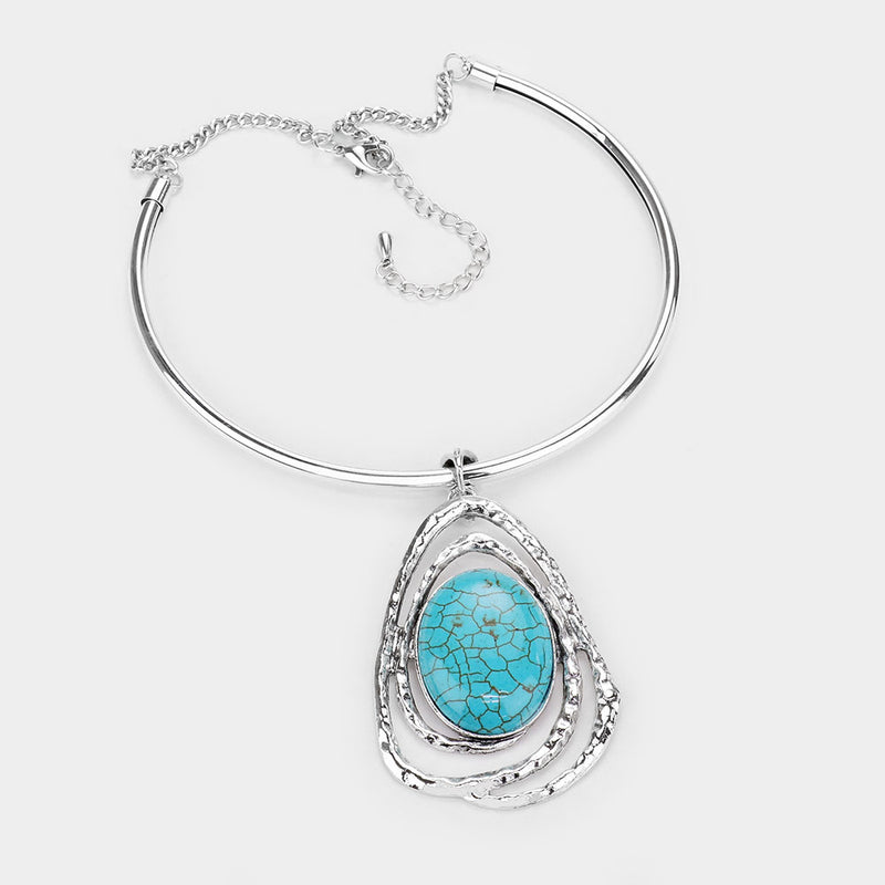 Silver wire cutout turquoise stone pierced necklace set