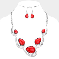 Pierced red and silver swirl red stone necklace set