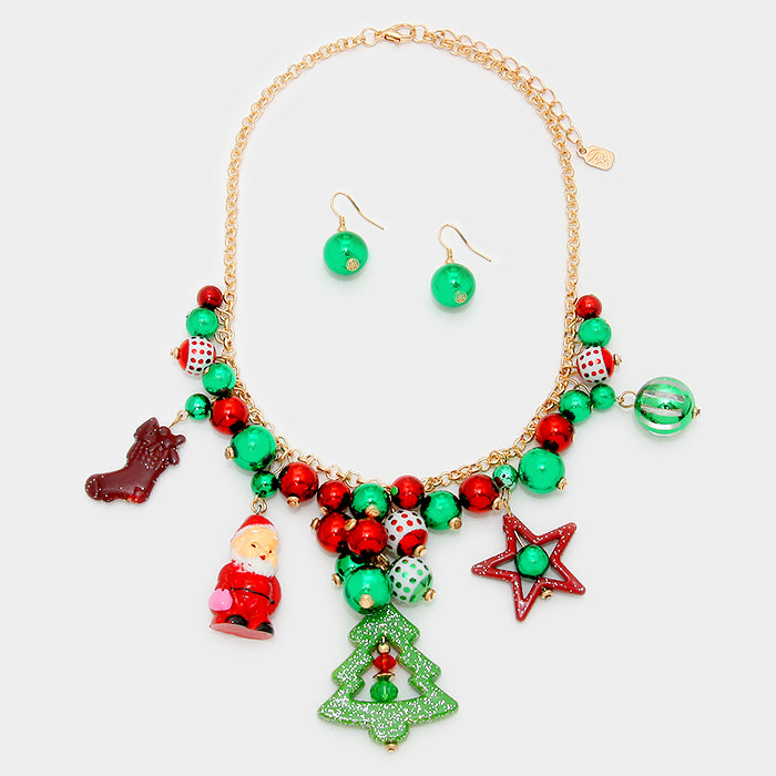 Gold chain pierced multi colored glitter charm necklace set