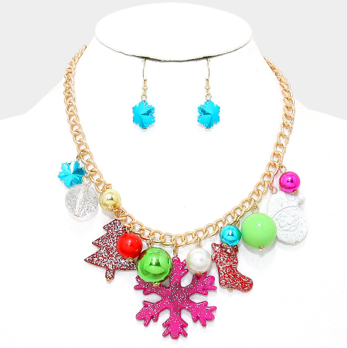 Gold chain pierced glitter snowflake charm necklace set