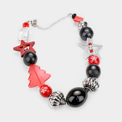 Pierced silver, red, black, white pearl Christmas necklace and earring set