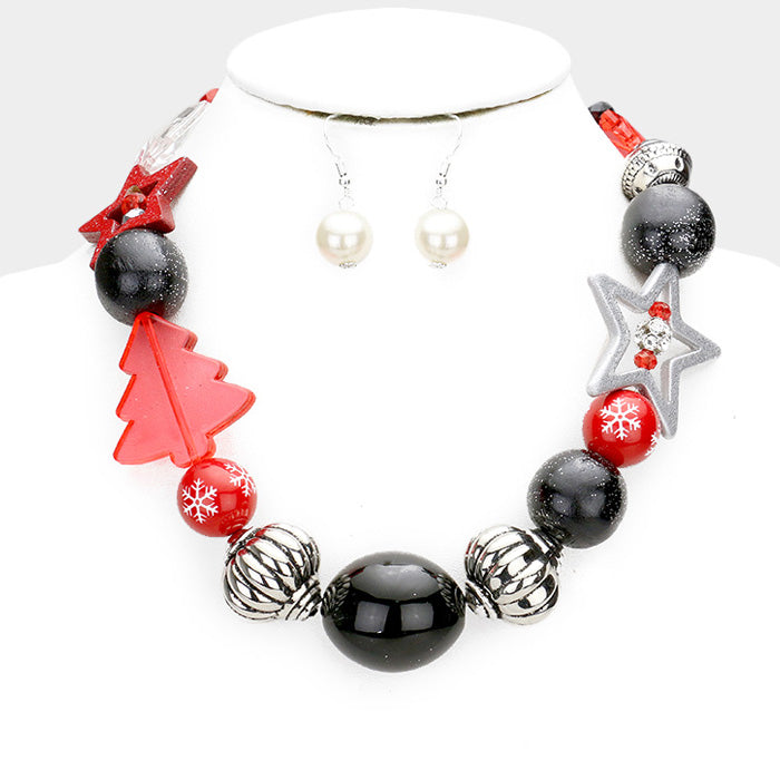 Pierced silver, red, black, white pearl Christmas necklace and earring set