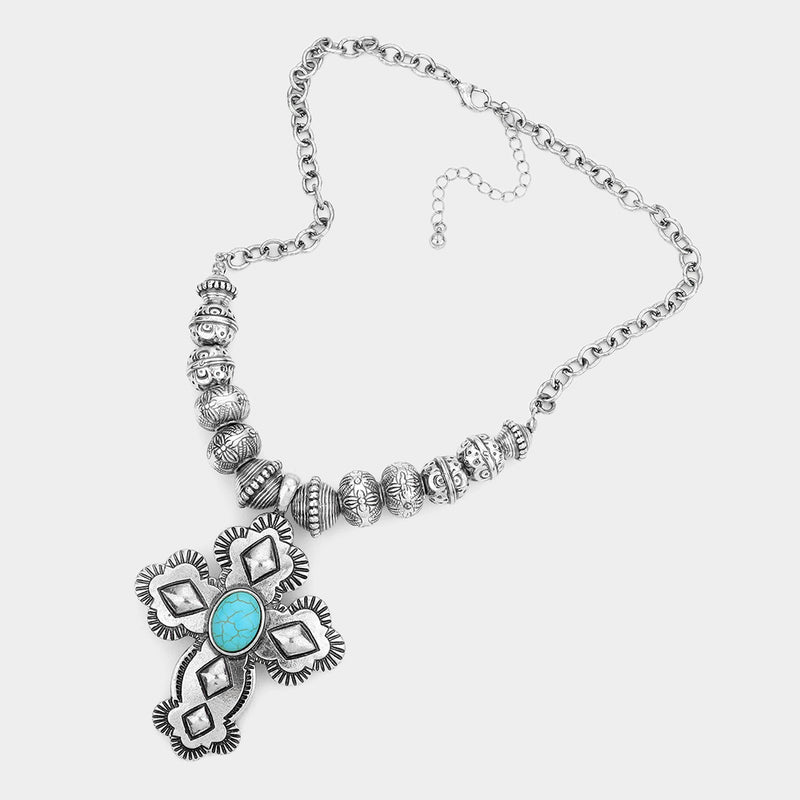 Western silver bead turquoise stone cross necklace and earring set