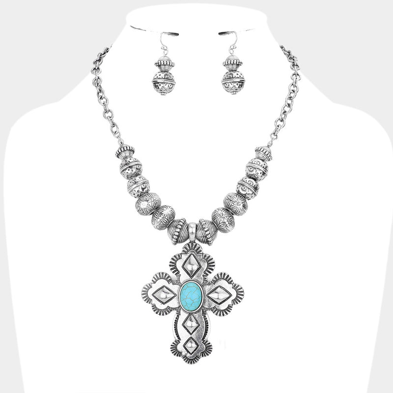 Western silver bead turquoise stone cross necklace and earring set