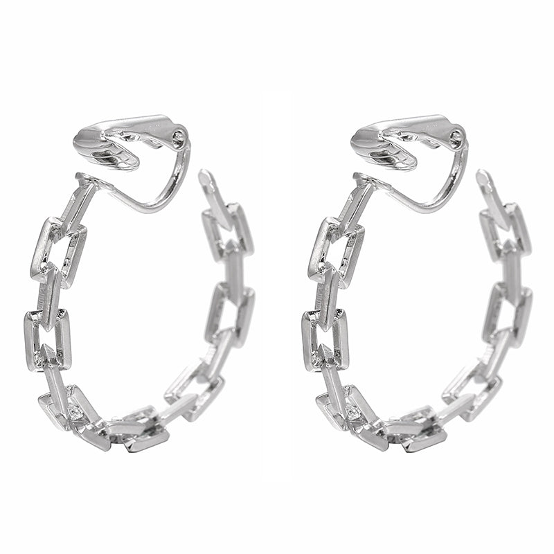 Clip on 1" silver or gold block square chain link hoop earrings