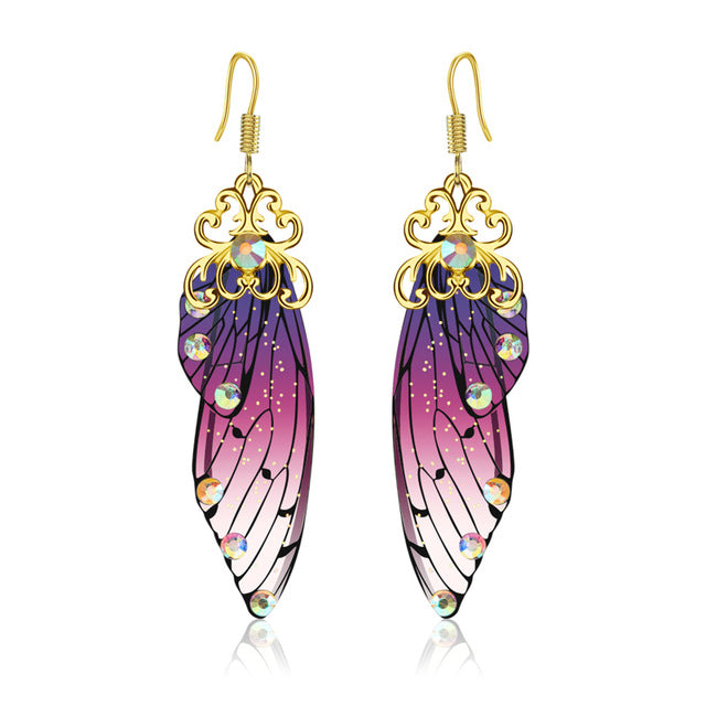 Pierced 3" purple multi colored fluorescent stone butterfly earrings
