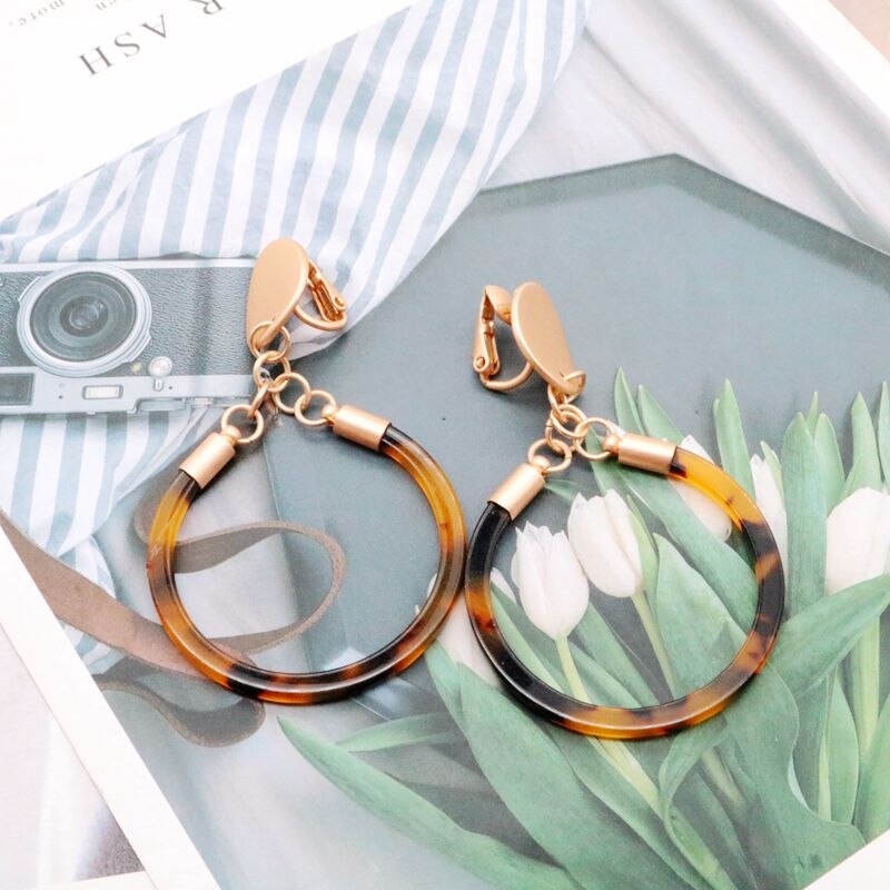 Clip on 2 3/4" matte gold and brown marble dangle hoop earrings