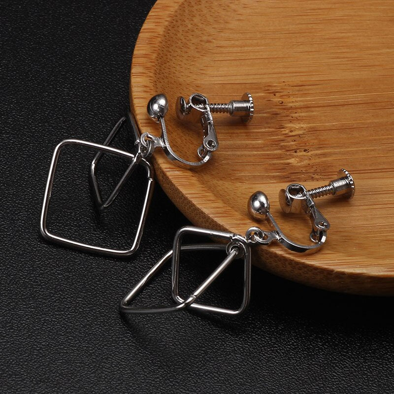 Clip on lightweight 1 1/2"silver dangle double square earrings