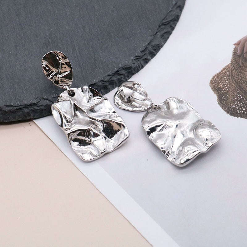 Clip on 2 1/4"  silver or gold wrinkled dangle earrings