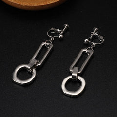 Clip on silver hammered square and circle dangle earrings