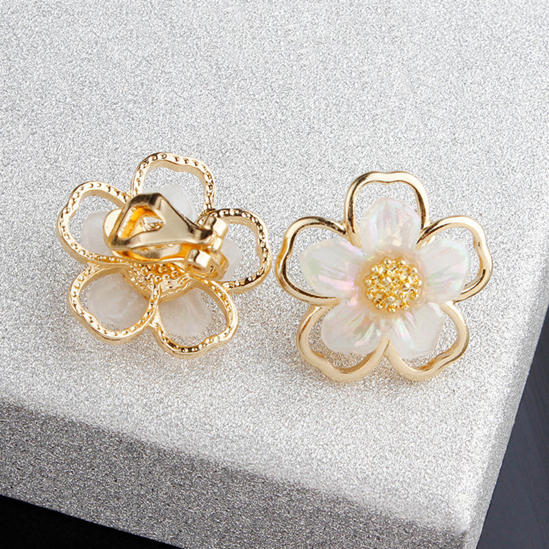 Clip on 3/4" gold and fluorescent white cutout flower earrings