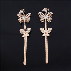 Clip on long gold chain clear stone butterfly dangle earrings