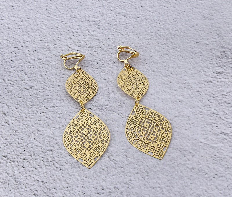 Clip on 2 3/4" gold lightweight dangle two leaf earrings
