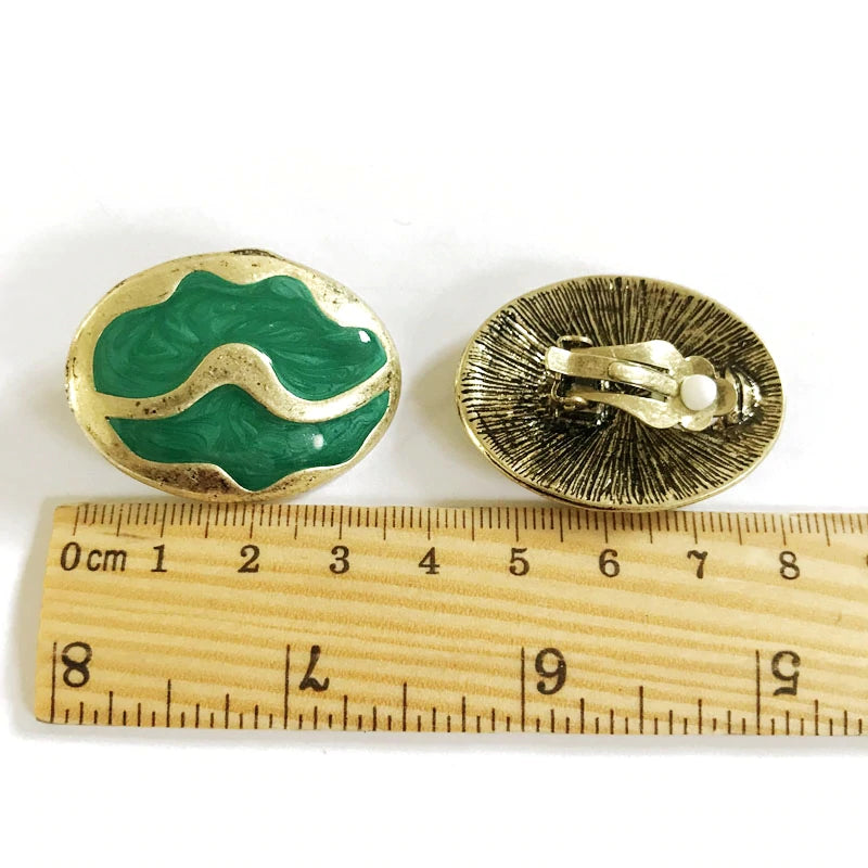 Clip on gold and green painted button style earrings