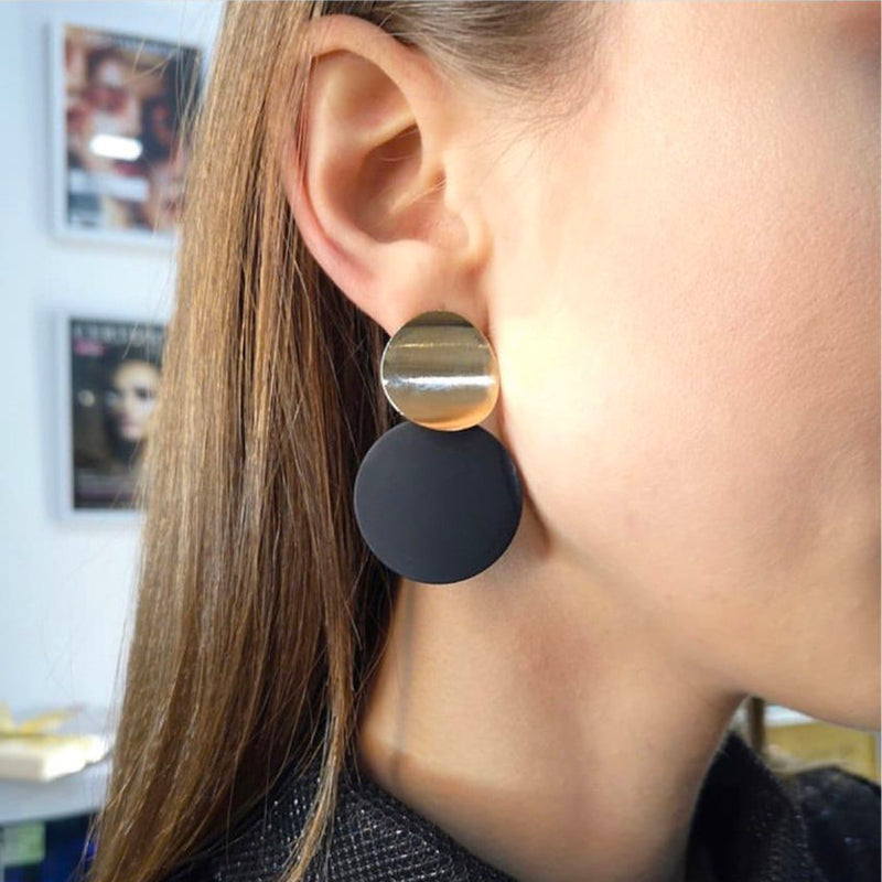 Clip on 2" bent gold and black double circle earrings