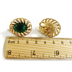 Clip on gold and green stone cutout edge oval earrings