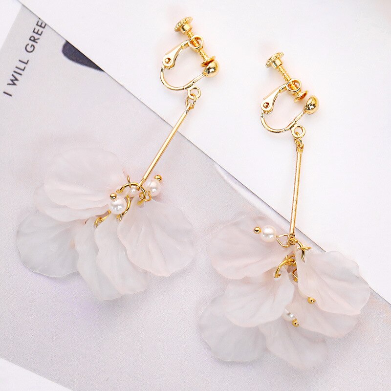 Clip on gold stick white flower & pearl earrings