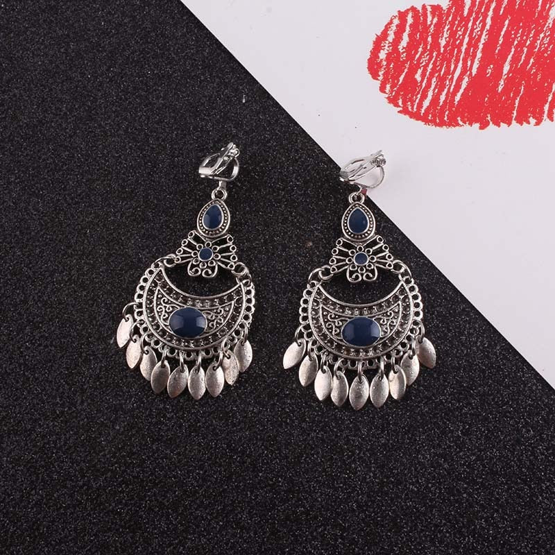 Clip on 2 1/2" silver and blue stone bohemian earrings w/dangle pieces