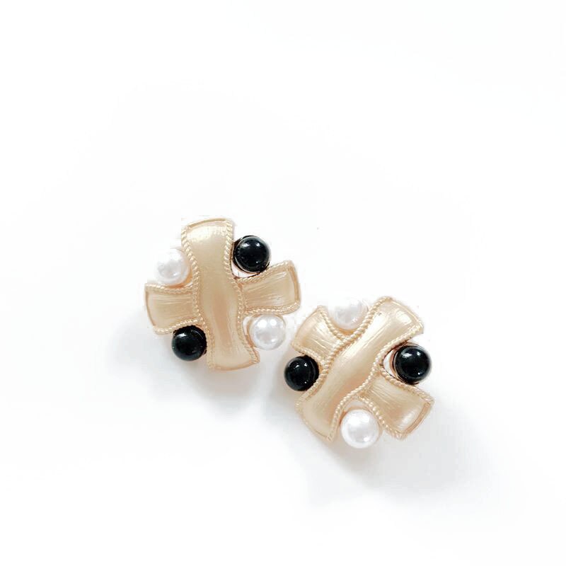 Clip on matte gold black and pearl button style earrings