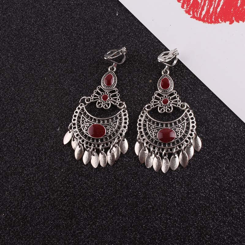 Clip on silver and burgundy stone earrings with dangle pieces