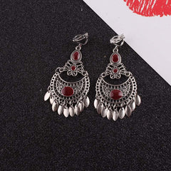 Clip on silver and burgundy stone earrings with dangle pieces