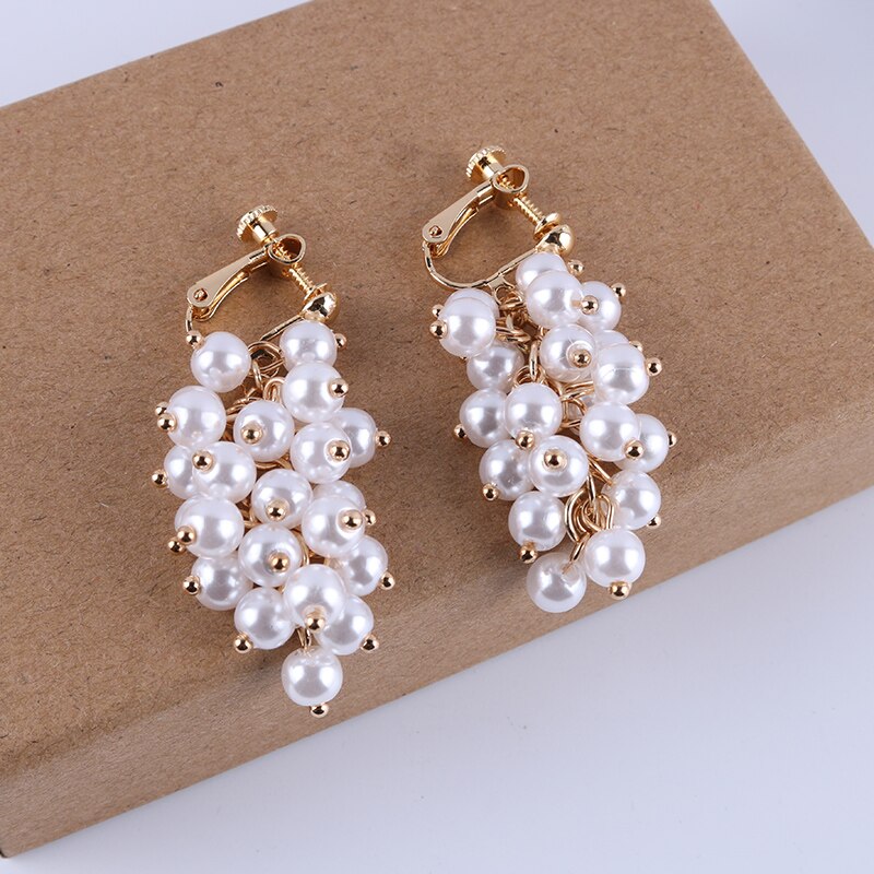 Clip on 2" gold dangle white pearl cluster screw back earrings