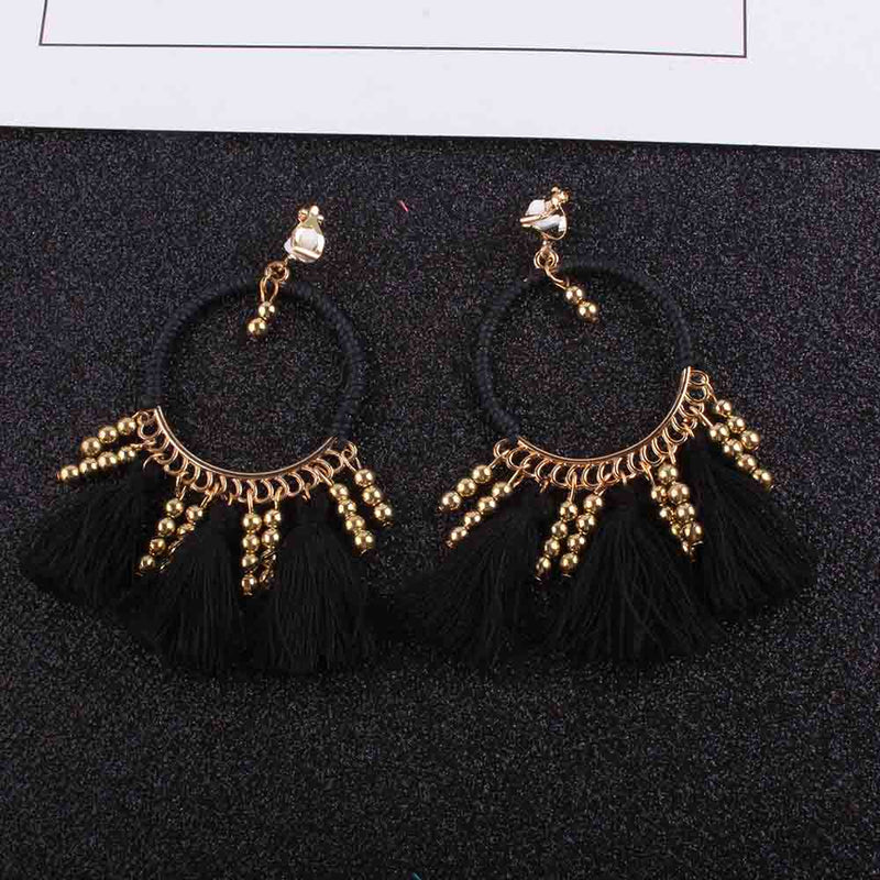Clip on gold and black thread dangle hoop earrings
