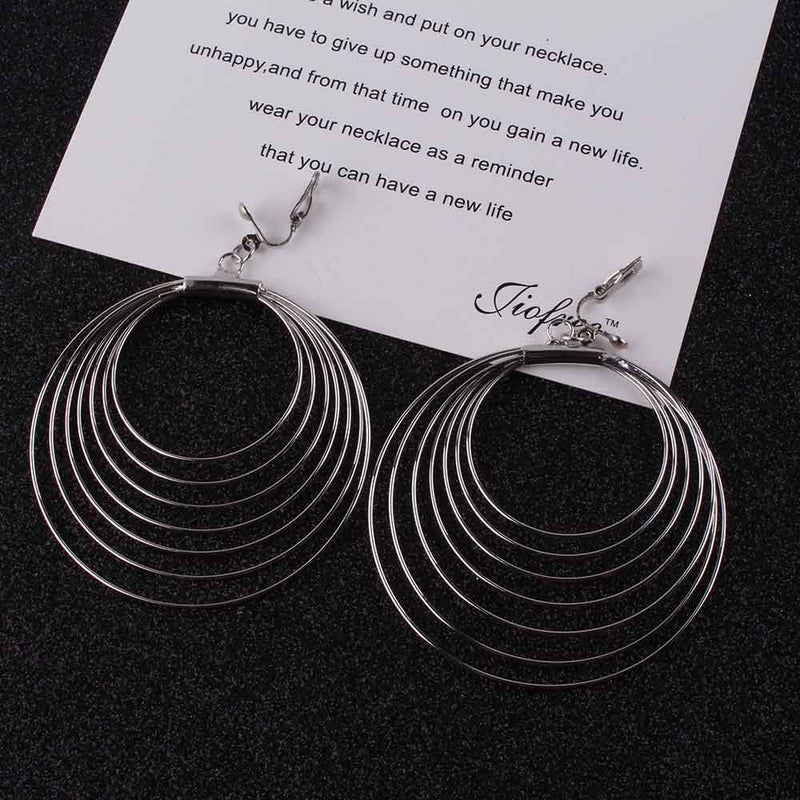 Clip on 3 1/4" silver or gold cutout dangle wire hoop earrings