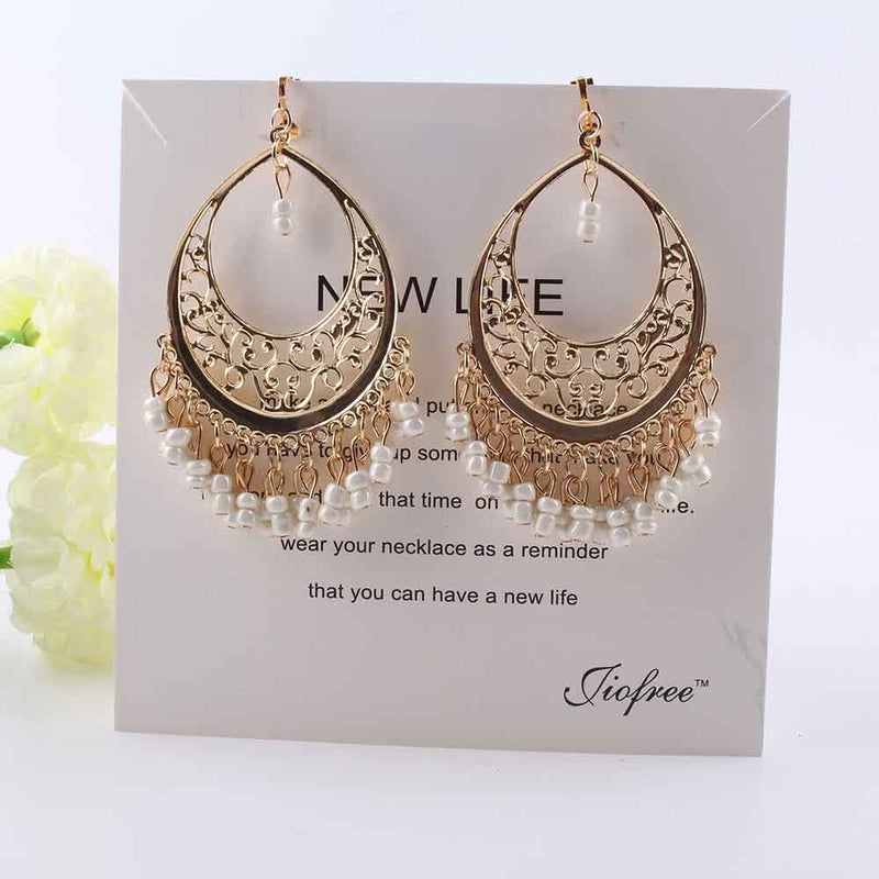 Trendy 3 1/2" large gold cutout hoop earrings w/white beads